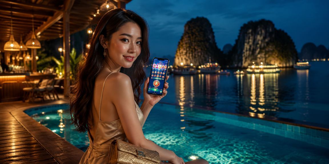 Khung cảnh vịnh Hạ Long thanh bình với người dùng xem kết quả xổ số trên điện thoại