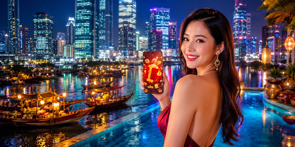 Người mẫu Hà Nội cầm phong bao đỏ bên cạnh màn hình hiển thị bonus casino