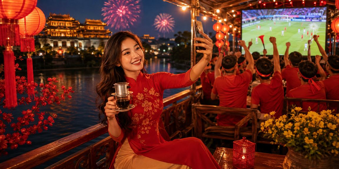 Người dùng tại Huế kiểm tra thông tin nạp tiền và bonus qua điện thoại khi uống cà phê